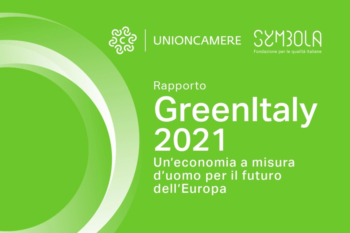 Immagine dell’articolo “ GreenItaly2021: il nostro impegno per un’economia a misura d’uomo”. La grafica di colore verde è quella della dodicesima edizione del rapporto GreenItaly.